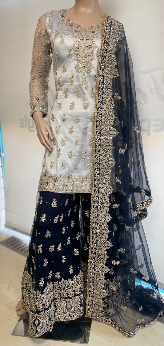 Grey & Navy Heavy Embroidered Palazzo suit - Fatimahs clothing